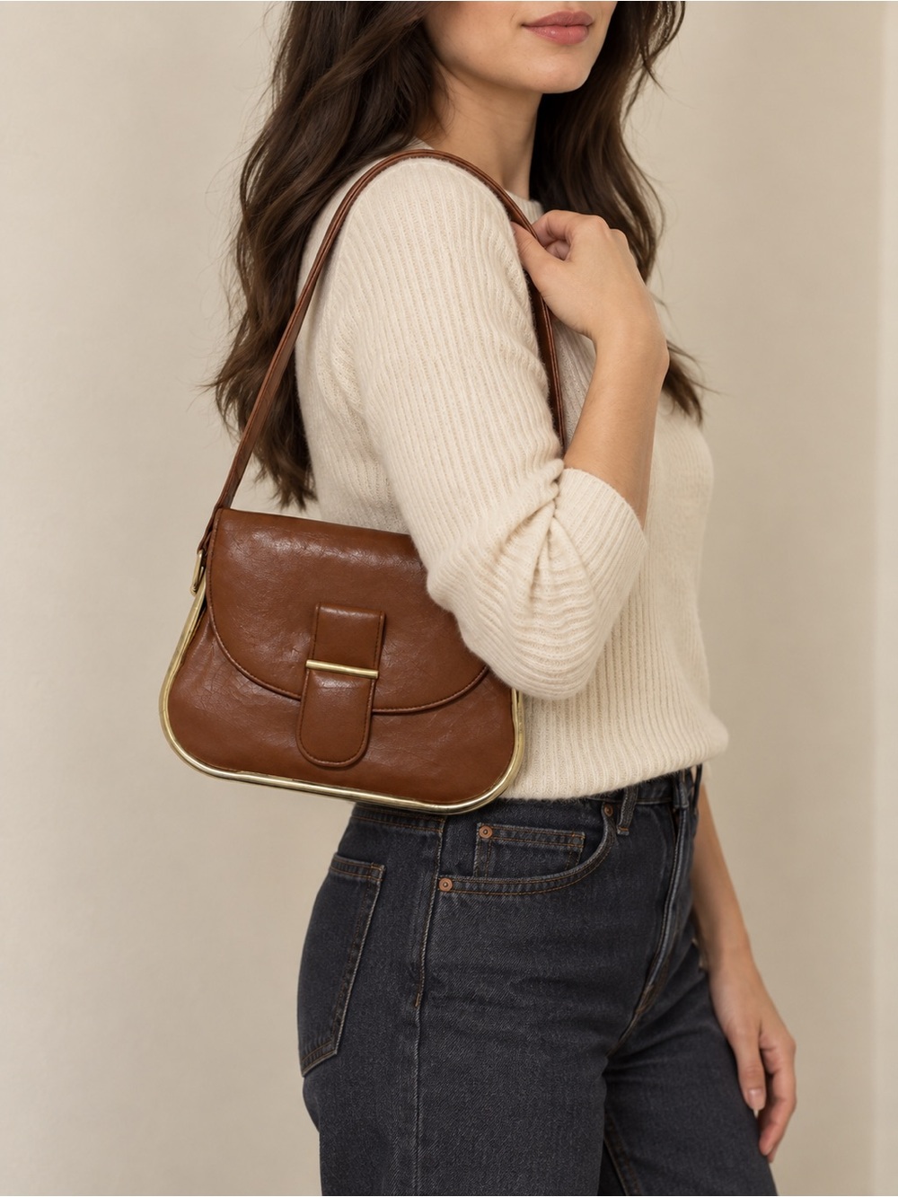 Brown Faux Leather Gold Trim Shoulder Bag Small Retro Y2K Handbag